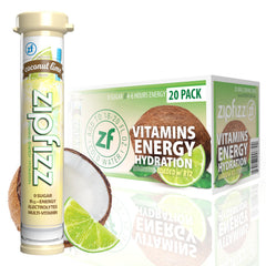 Zipfizz Coconut Lime powder in a tub for refreshing hydration.