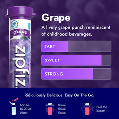 Zipfizz grape glass hydration highlights electrolytes and vitamins for workouts.