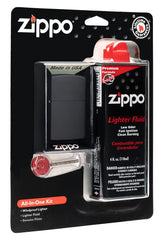 Zippo all-in-one kit with black matte lighter, windproof ignition for outdoor use