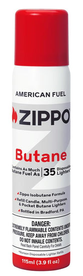 Zippo butane fuel 115ml bottle for reliable lighter performance on outdoor adventures.