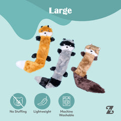 ZippyPaws Skinny Peltz three-pack display shows Fox, Raccoon, Squirrel.