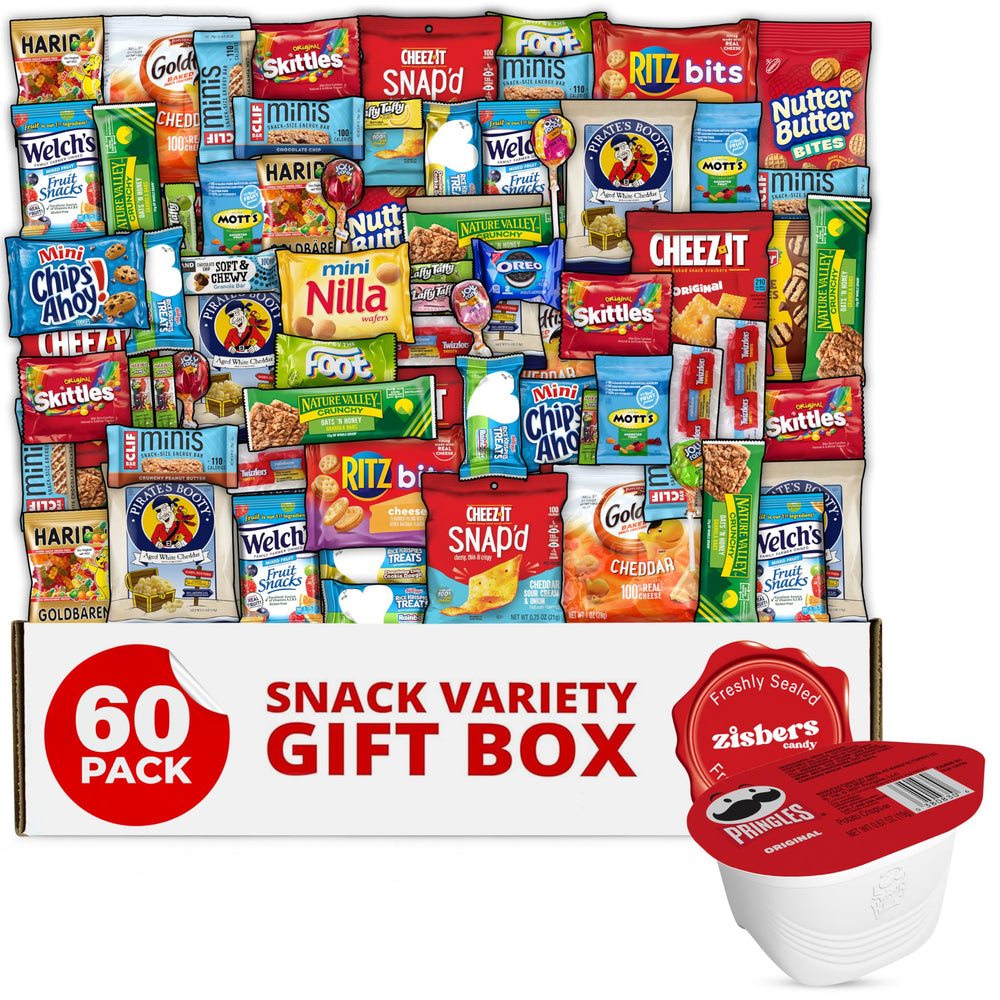 Zisbers Snack Box Care Package with 60 snacks for easy gifting and on-the-go snacking