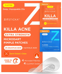 ZitSticka KILLA patch on face targets a zit with microdarts for faster action.