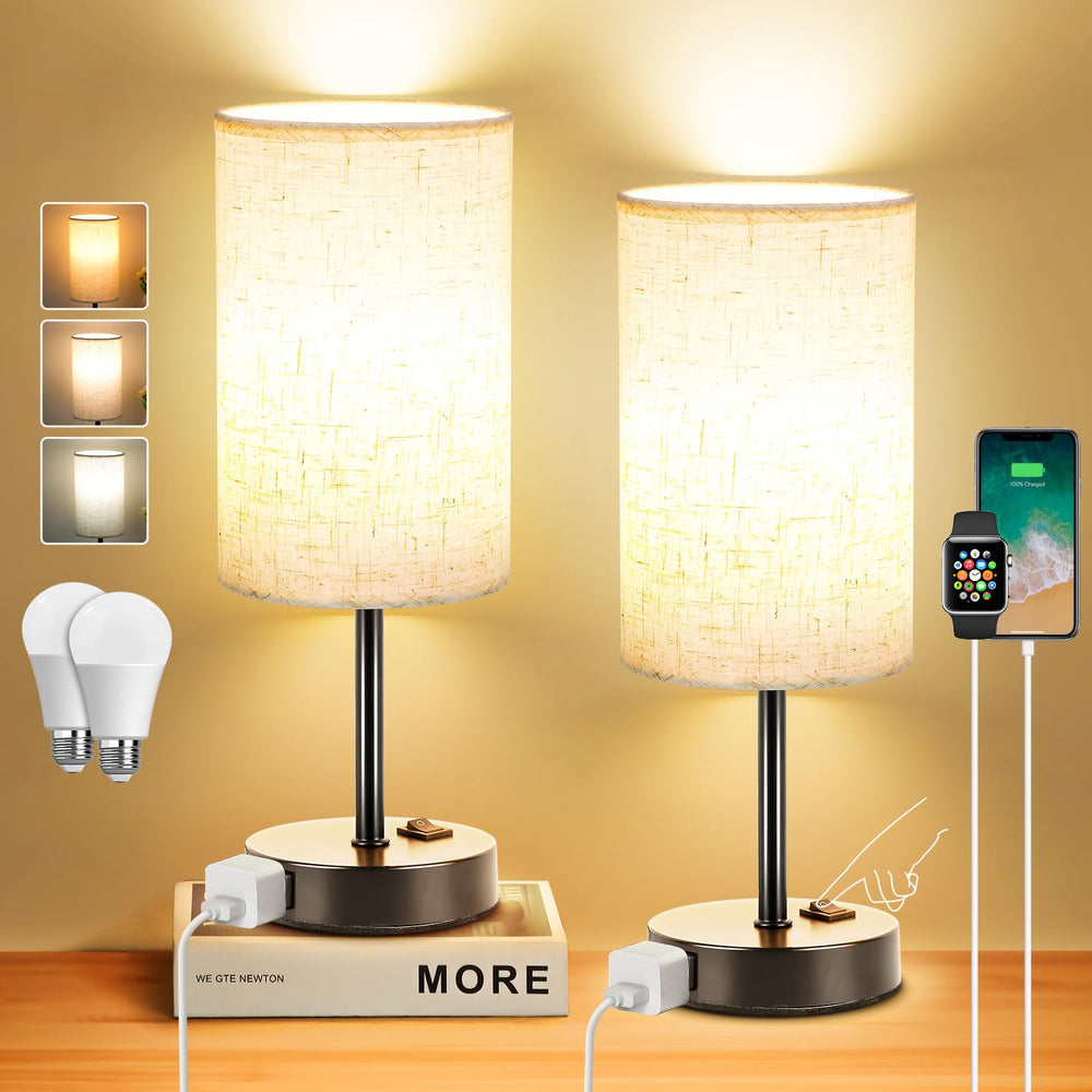 ZJOJO table lamp with flaxen shade, angled bedroom view showing minimalist bedside design