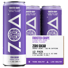 ZOA Frosted Grape can on ice shows refreshing flavor and zero sugar.