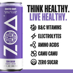 ZOA Frosted Grape pour into a glass highlights natural caffeine boost.