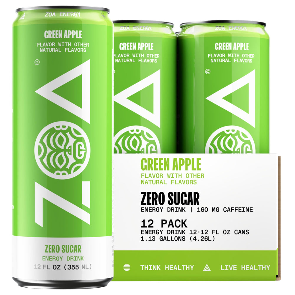 ZOA Green Apple can front shows sugar-free energy for an active day
