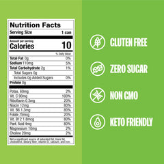 Close-up of ZOA label highlighting caffeine and vitamin details on can.