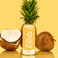ZOA Pineapple Coconut label design emphasizes gluten-free and keto-friendly formula