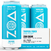 ZOA Tropical Punch can front view showing zero sugar energy boost for daily routines