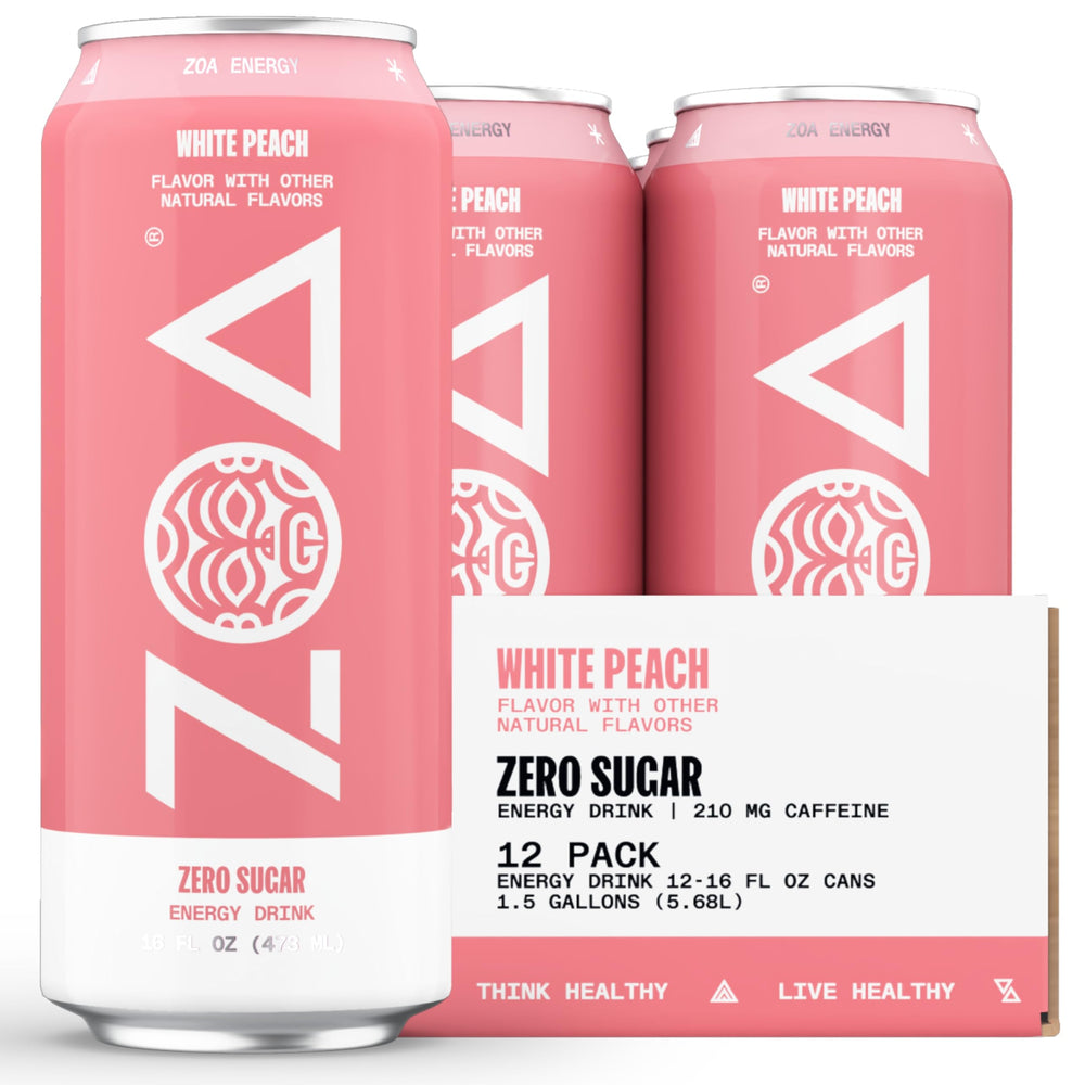 ZOA White Peach can close-up showing zero sugar and natural caffeine boost.