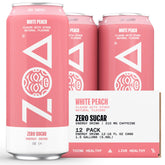 ZOA White Peach can close-up showing zero sugar and natural caffeine boost.