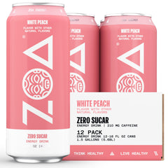 ZOA White Peach can close-up showing zero sugar and natural caffeine boost.