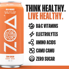 ZOA Wild Orange 12-pack case highlights gluten-free and keto-friendly energy.