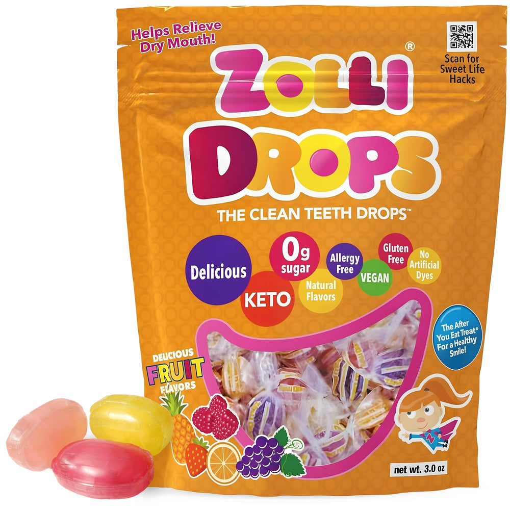Zolli Drops packaging front view highlighting the dye-free, zero-sugar candy.