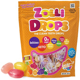 Zolli Drops packaging front view highlighting the dye-free, zero-sugar candy.