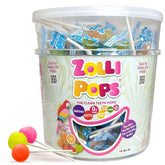 Zollipops clean teeth lollipops tropical pack shown as post meal treat with mouth friendly sugar free formula