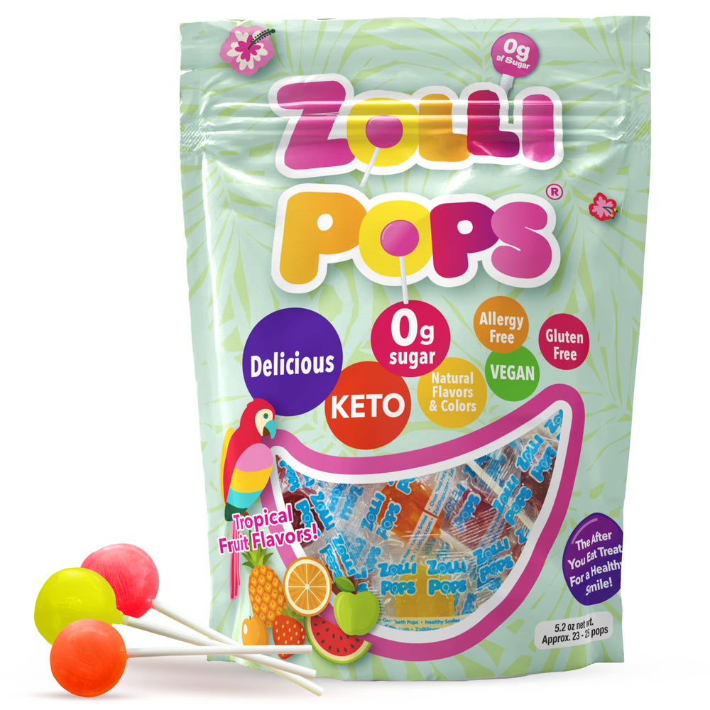 Zollipops clean teeth pops tropical flavor 5.2 oz pack providing post-meal freshness.