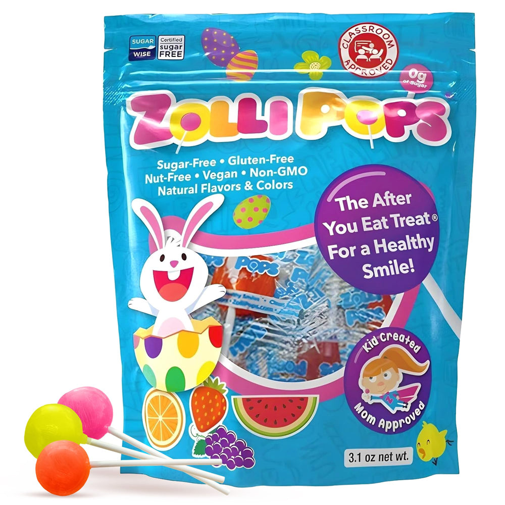 Zollipops Easter Bunny Clean Teeth Pops showing kid-friendly sugar-free candy with xylitol.