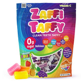 Zaffi Taffy packaging highlights dye-free sugar-free candy ideal for kids' dental-friendly snacking.