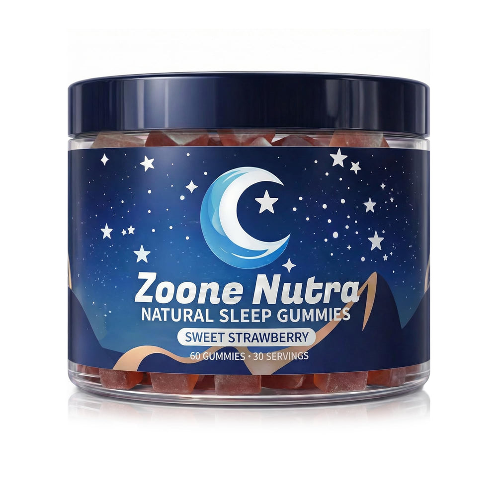 Zoone Nutra Sleep Gummies bottle on nightstand for calm bedtime routine