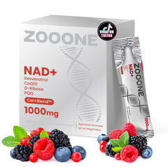 Zooone NAD+ supplement bottle with packaging and daily energy support.