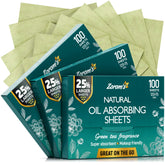 Zorom's natural green tea blotting sheets in a compact dispenser for quick refresh without makeup disruption