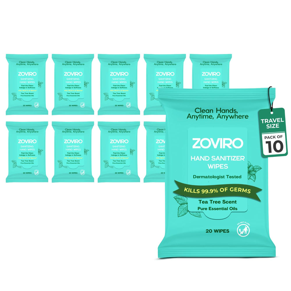 Zoviro hand sanitizer wipes packaging for travel-friendly cleanliness.