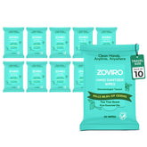 Zoviro hand sanitizer wipes packaging for travel-friendly cleanliness.