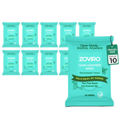 Zoviro hand sanitizer wipes packaging for travel-friendly cleanliness.