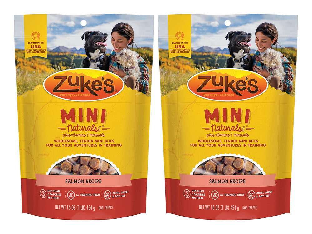 Zuke's Mini Naturals Salmon Recipe pack shows soft, low-calorie dog treats for all sizes