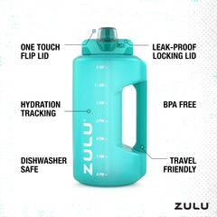Zulu Goals half-gallon bottle with one-touch lid for clean, spill-free drinking.