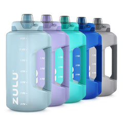 Zulu Goals 64oz bottle with time markers for daily hydration tracking.