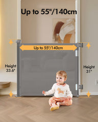 Zupetta retractable gate with top-mounted lock enables one-handed operation when holding a child.