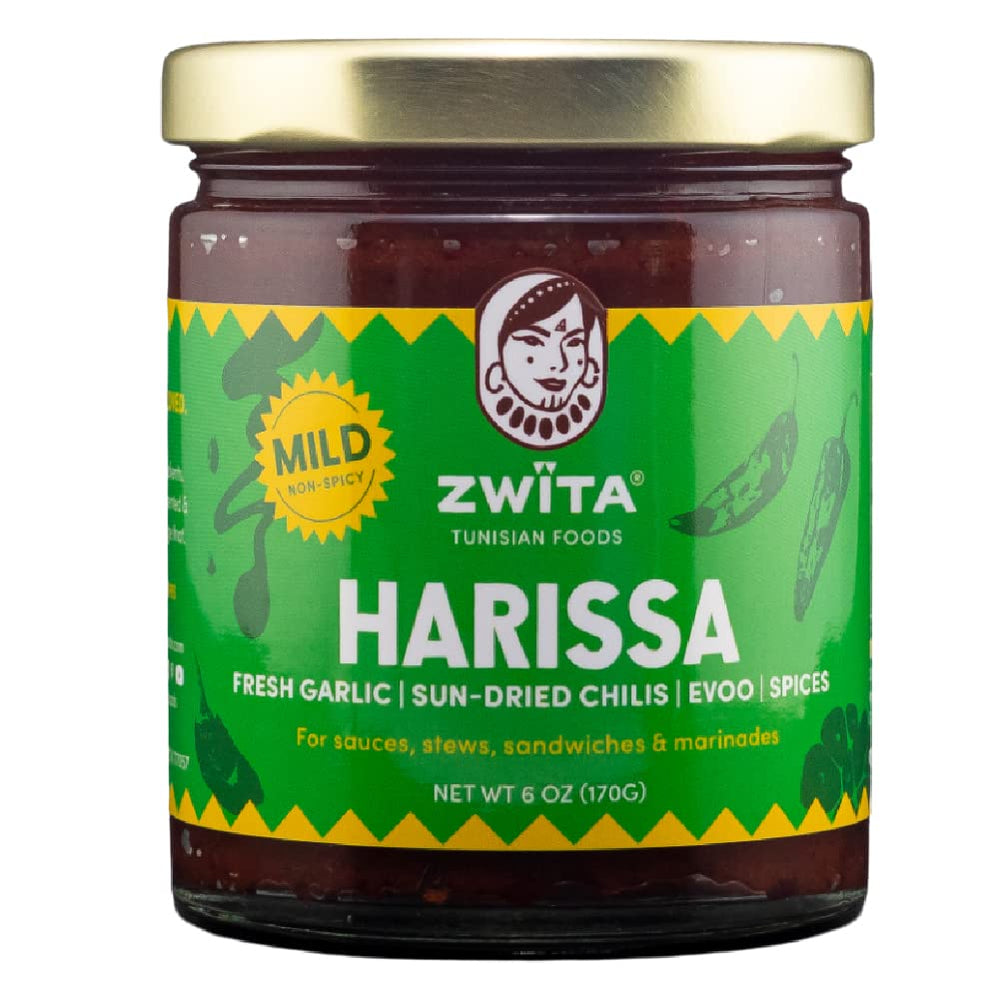 Zwïta Mild Harissa jar closeup showcases rich color, ready to elevate soups and stews.