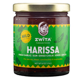 Zwïta Mild Harissa jar closeup showcases rich color, ready to elevate soups and stews.