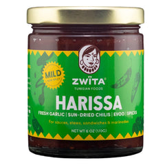 Zwïta Mild Harissa jar closeup showcases rich color, ready to elevate soups and stews.