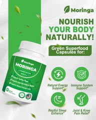 ZyliaVitaX Moringa capsules label shows plant-based nutrition details.