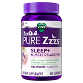 ZzzQuil PURE Zzzs bottle shown for muscle relaxation support before bed