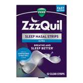 ZzzQuil Sleep Nasal Strips applied on nose for easier nighttime breathing