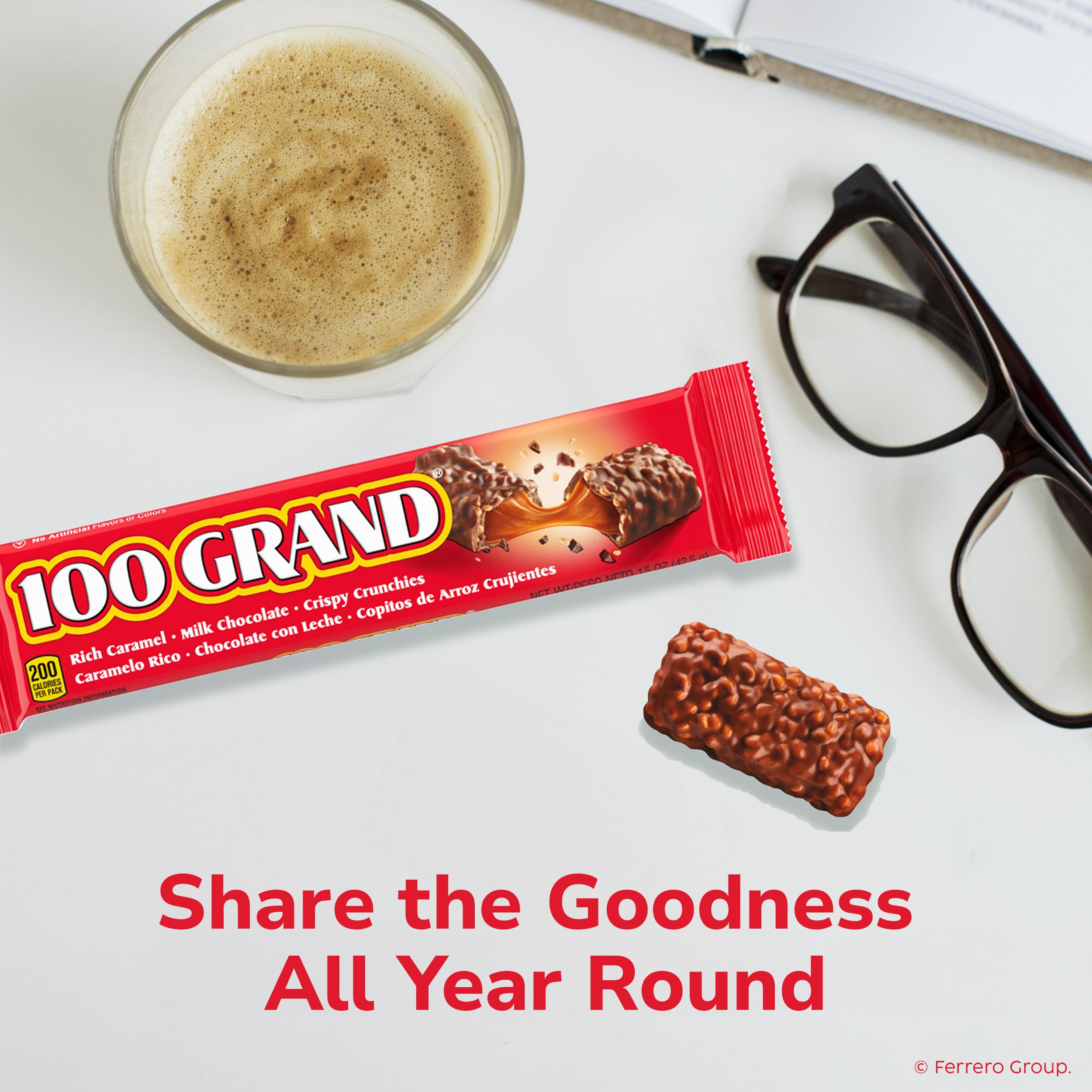 100 Grand milk chocolate coating delivers smooth, creamy sweetness.