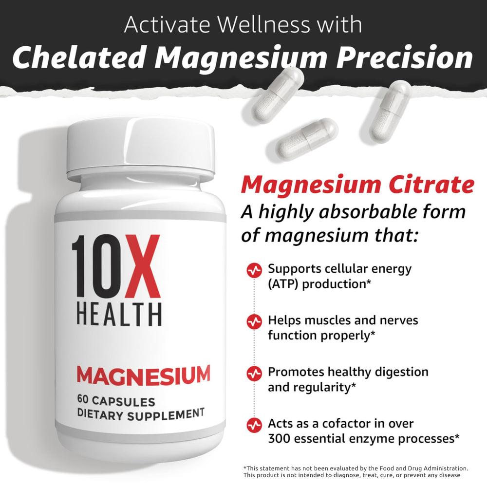 10x Health Magnesium Citrate label close-up showing quality certifications.