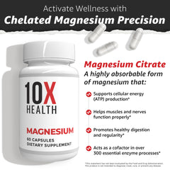 10x Health Magnesium Citrate label close-up showing quality certifications.