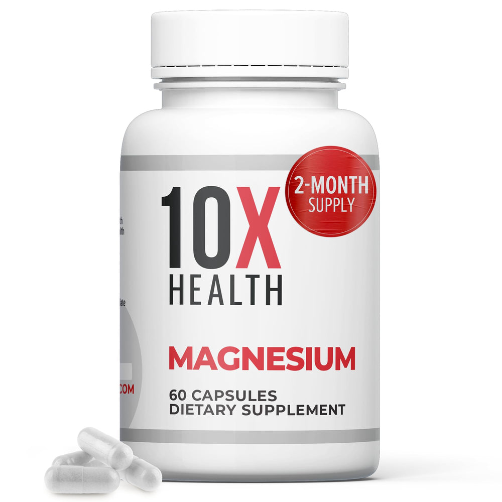 10x Health Magnesium Citrate bottle on table highlighting high absorption and nighttime calm.
