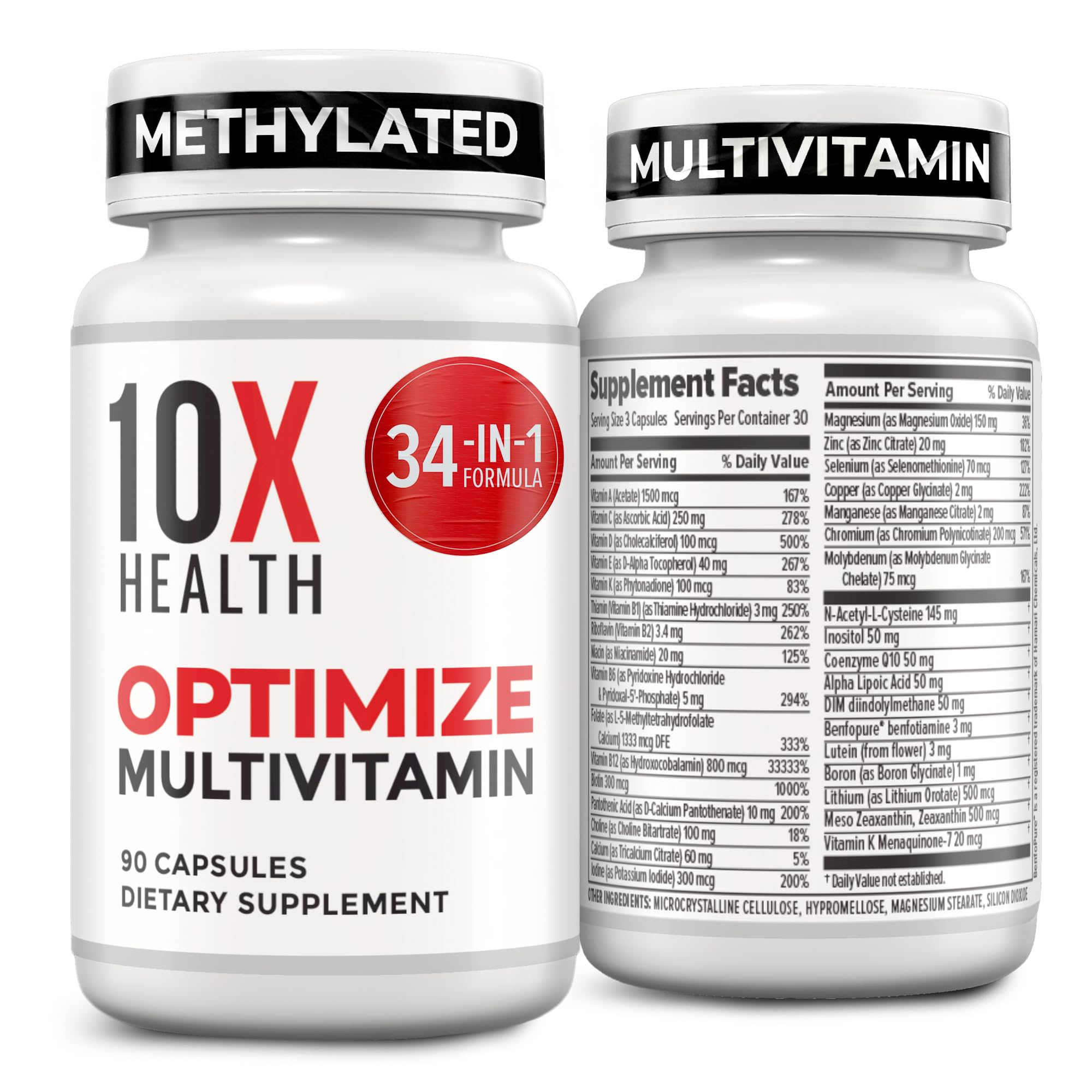 10X Health Optimize methylated multivitamin bottle displaying complete 34-in-1 formula for daily support