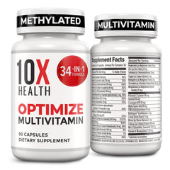 10X Health Optimize methylated multivitamin bottle displaying complete 34-in-1 formula for daily support
