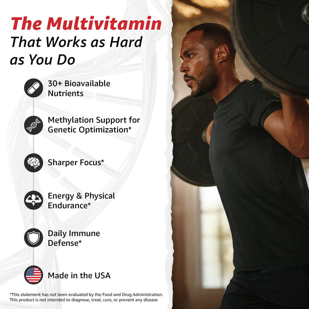 Close-up of 10X Health Optimize methylated multivitamin capsules with B vitamin blend