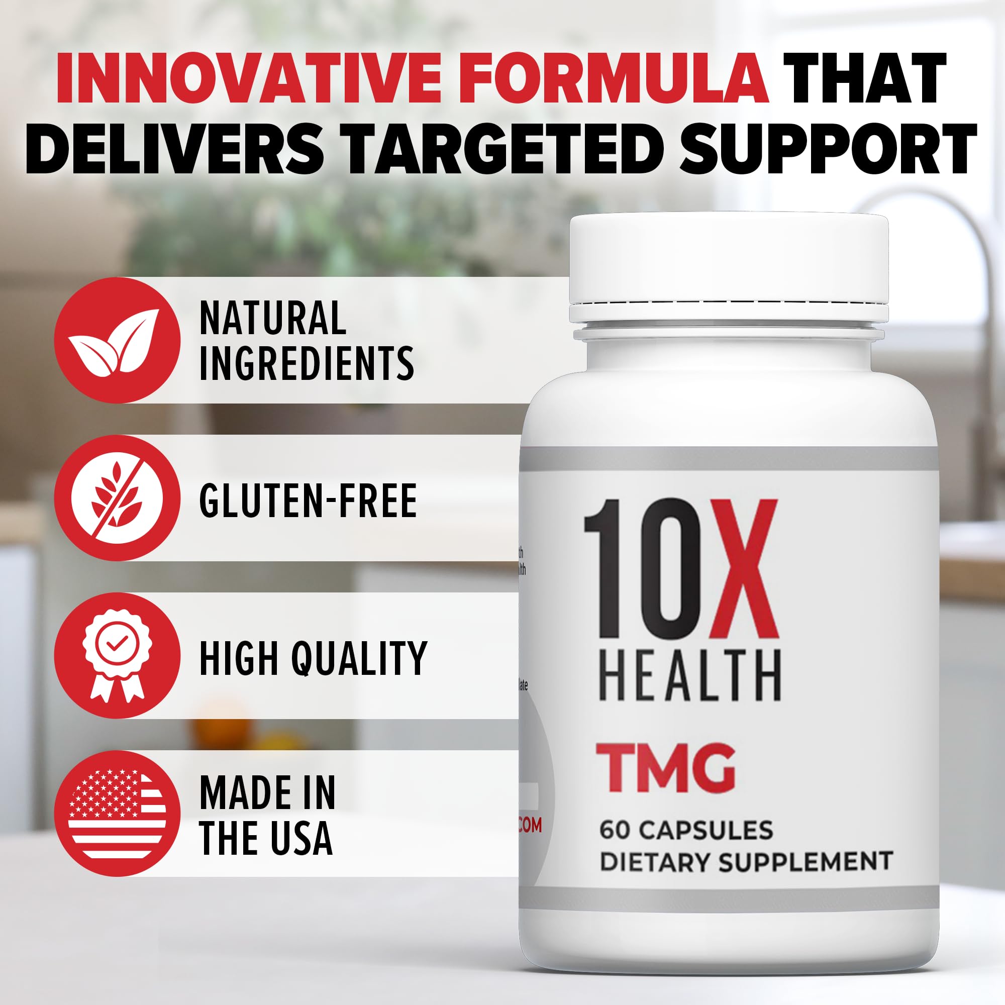 Side view of 10X Health System TMG capsules beside a glass of water.