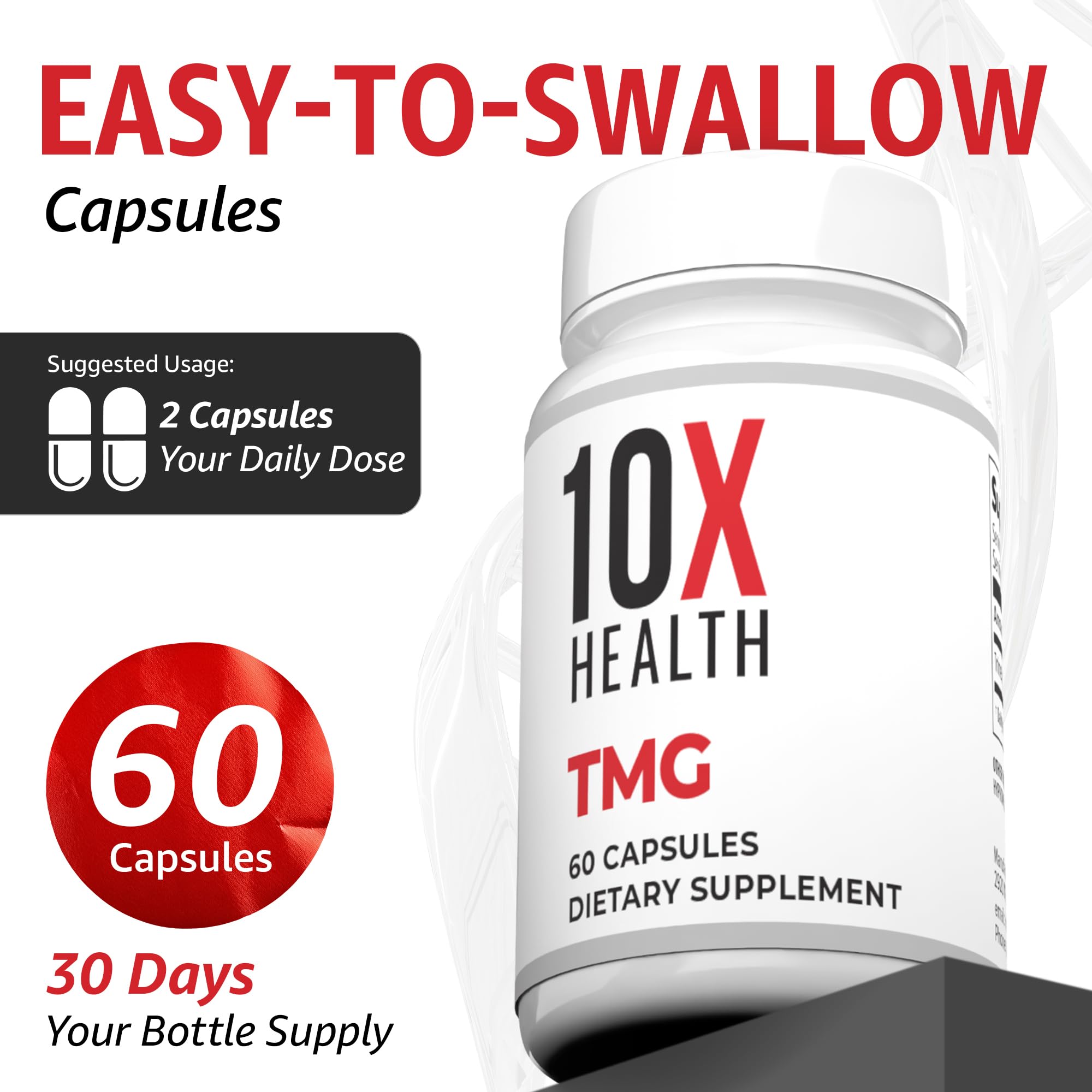 Open 10X Health System TMG packaging showing capsules neatly arranged.