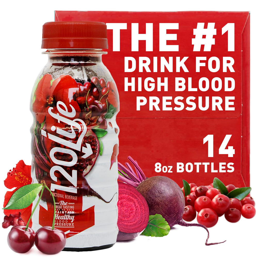 120LIFE blood pressure juice bottle on display for daily wellness